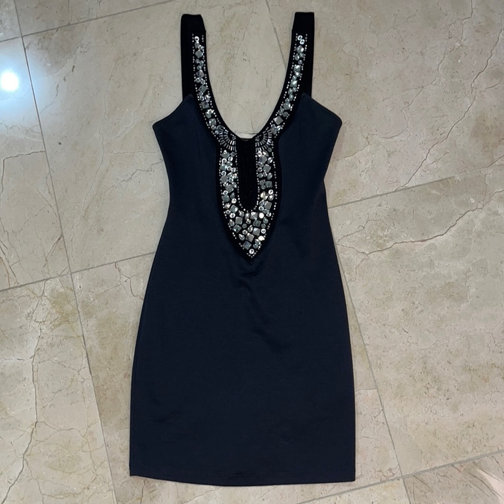 SOLEMIO Jeweled Navy Mini Dress With Mesh